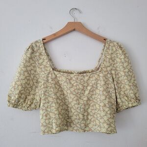 BP Square Neck Crop Top Floral Tan/Green/Yellow Small